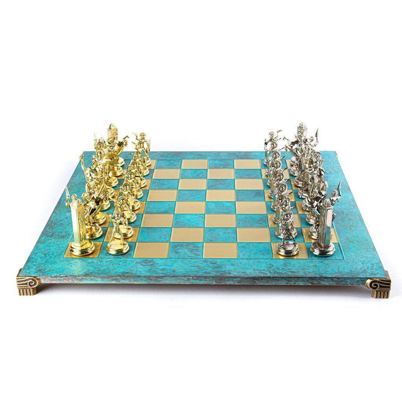 GREEK MYTHOLOGY CHESS SET with gold/silver chessmen and bronze chessboard 54 x 54cm (Extra Large)-Chess-Manopoulos-Turquoise-Extra-Large-Kvalitetstid AS