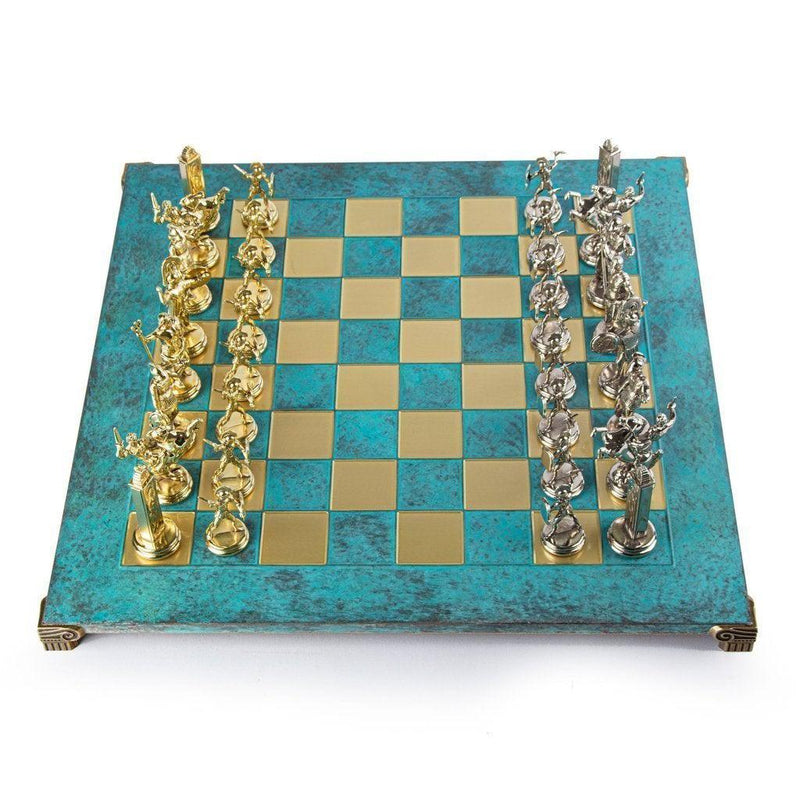 GREEK MYTHOLOGY CHESS SET with gold/silver chessmen and bronze chessboard 54 x 54cm (Extra Large)-Chess-Manopoulos-Turquoise-Extra-Large-Kvalitetstid AS