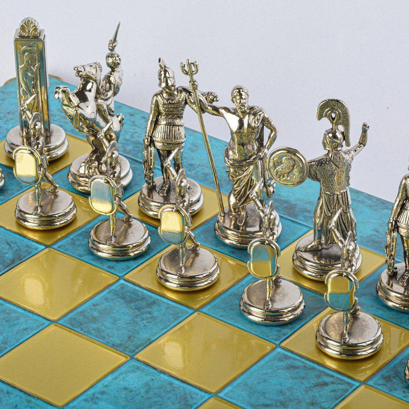 GREEK MYTHOLOGY CHESS SET with gold/silver chessmen and bronze chessboard 54 x 54cm (Extra Large)-Chess-Manopoulos-Turquoise-Extra-Large-Kvalitetstid AS